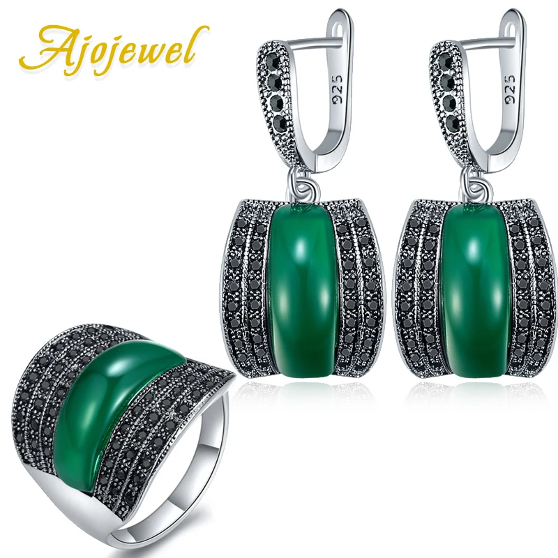 

Ajojewel Classic Dark Green/Light Green/Red/Black Stone Earring & Ring Jewelry Set High Quality Women's Party Gift HOT