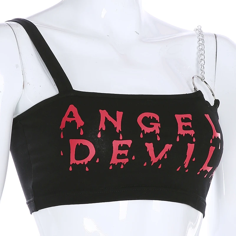 Weekeep Letter Print Metal Chain Tank Top Women Cropped Black Streetwear Crop Top Summer Sexy Crop Tops