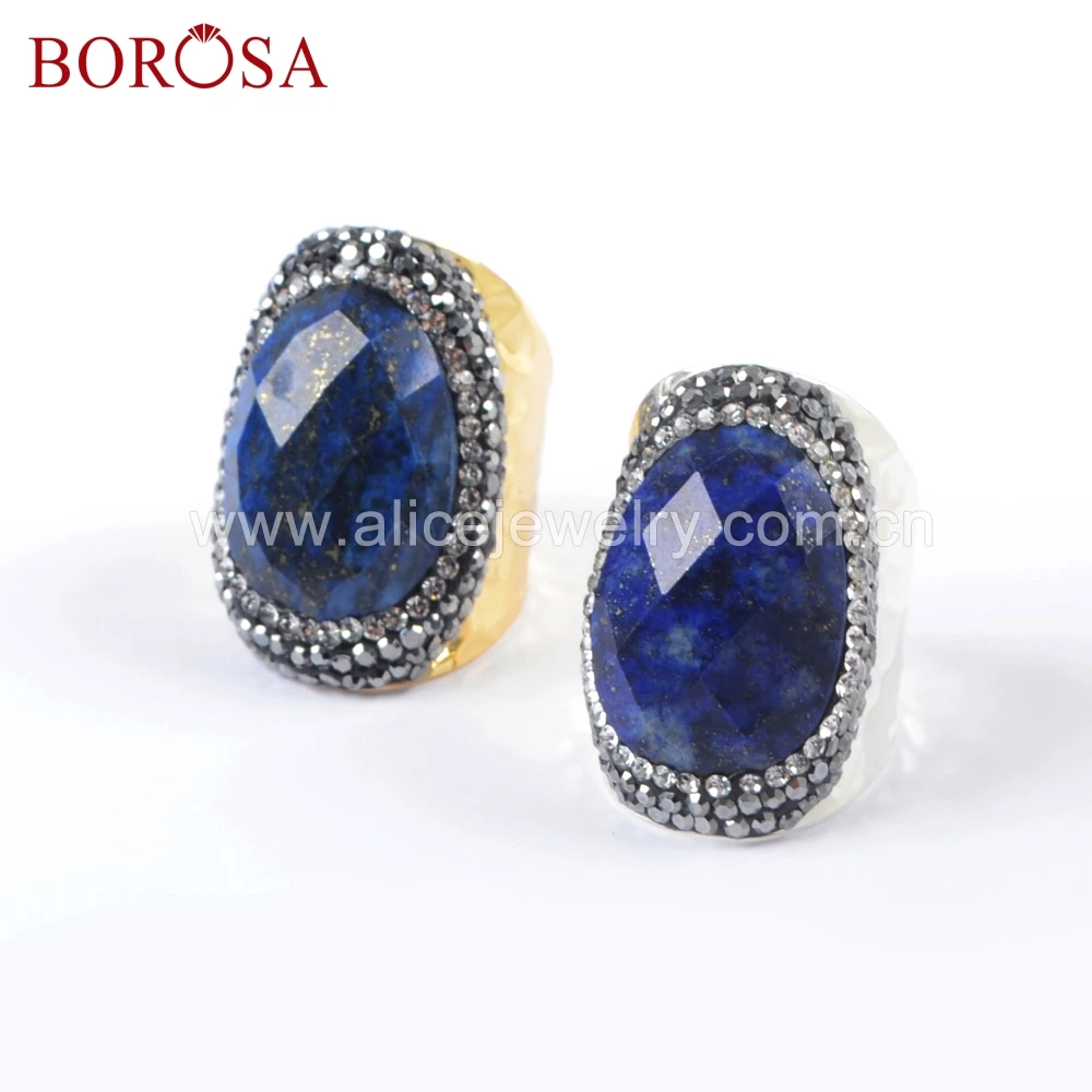 

BOROSA 6PCS Gold/Silver Color Natural Lapis Lazuli Faceted Stone Druzy Rings Crystal Paved Black Zircons Gems for Women JAB947