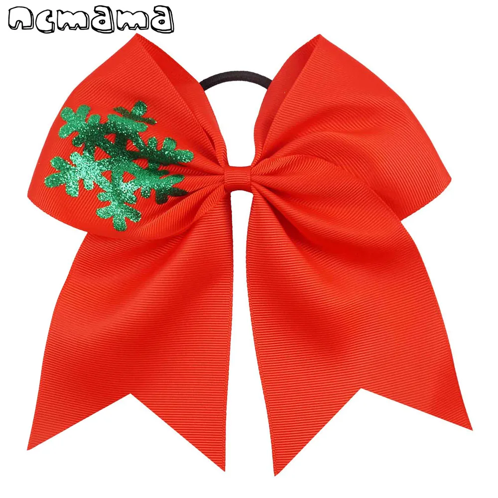 

ncmama 7" Christmas Grosgrain Cheer Bow Snow Flakes Glitter Printed Bow With Elastic Band For Girls Hair Accessories