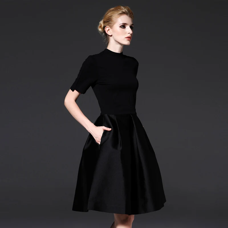 

Designer new women's dress high waist black solid dress girls S-XXL round neck elegant dresses female fashion vestito vestir