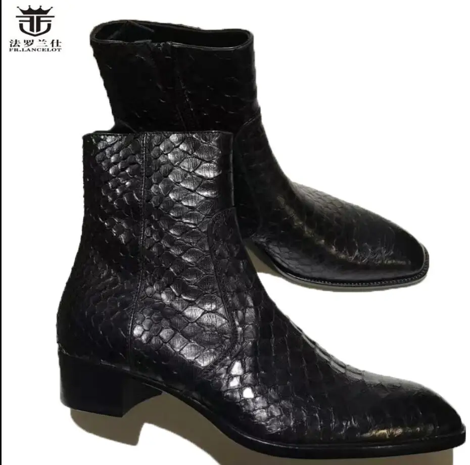 FR.LANCELOT New fashion print Leather Ankle Boots high end Chelsea Boots party Boots Men's snakeskin pattern Autumn Boots