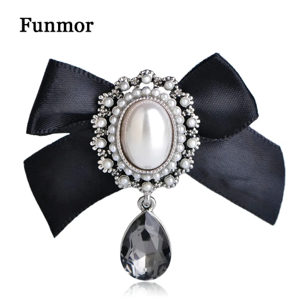 Женская Винтажная брошь FUNMOR с бантом из ленты и горного хрусталя черная