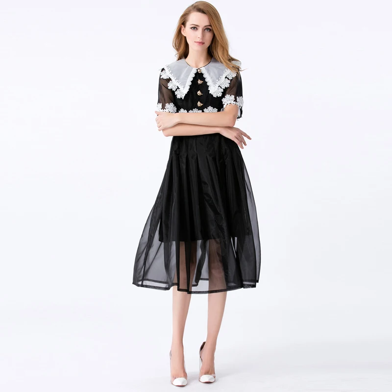 Женское модельное платье с коротким рукавом черное лоскутное кружевное на