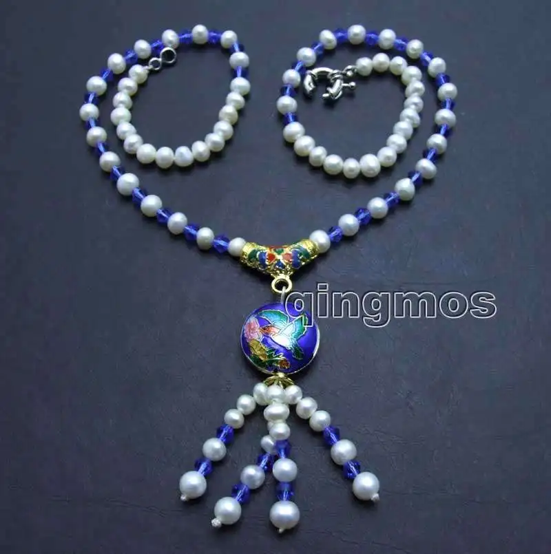 Круглый белый жемчужный с синим кристаллом 5 6 мм 18 дюймов Necklace nec6328|natural pearls|pearl
