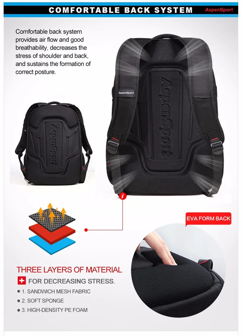 Aspensport, мужские рюкзаки для ноутбука, модные, подходят, 15,6 дюймов, большая емкость, бизнес, путешествия, ноутбук, компьютер, сумки для школьников, черный