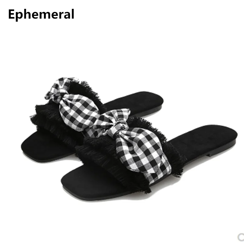 Шлепанцы женские из микрофибры поли уретан с бахромой бантом тапочки на плоской