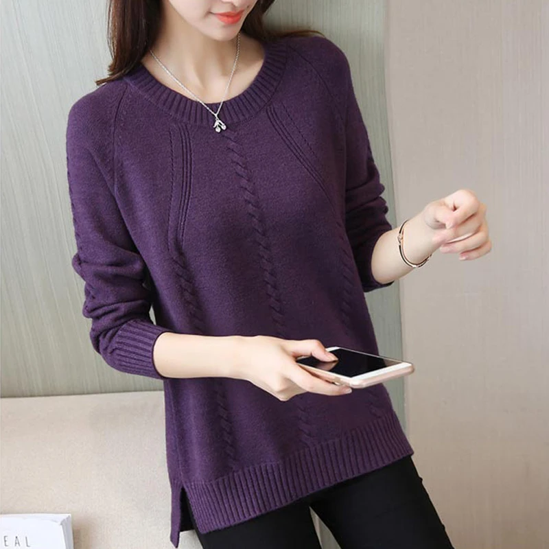 Свободные свитера зимние женские облегающие пуловеры с круглым вырезом вязаный