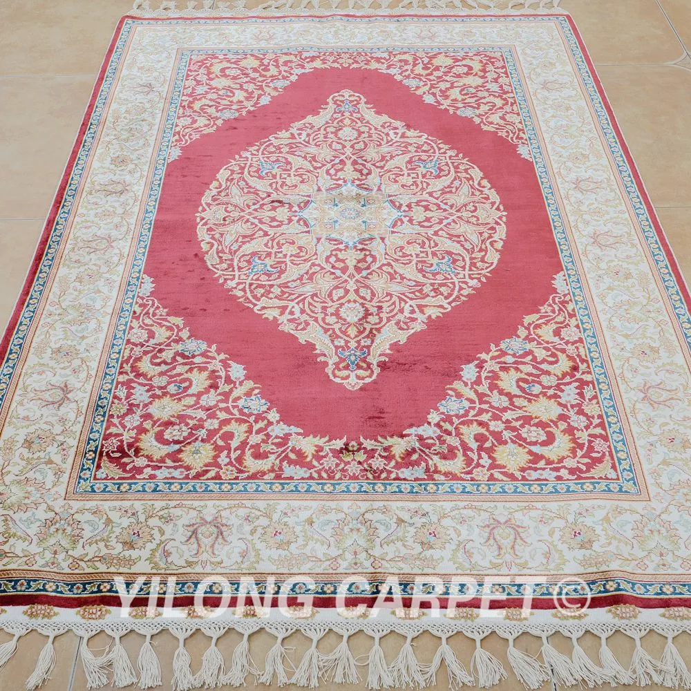 Yilong 4' x 6' Кум ковер традиционный Тебриз красный ковёр искусственный шелк