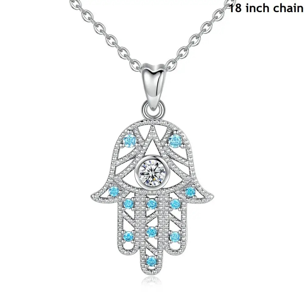 Pendant with 18chain Юдора стерлингового серебра 925 синий CZ Хамса рук кулон Цепочки и ожерелья удачу Fine Jewelry для человека Святого Валенти - Окраска металла: Pendant with 18chain