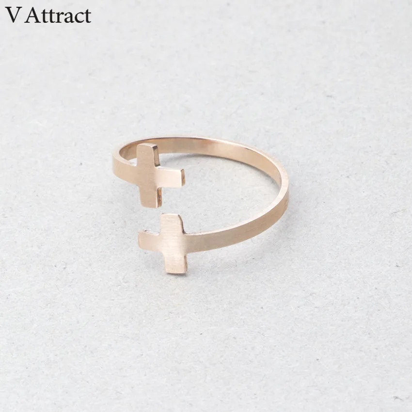 V Attract Handcrafted Baptism Jewellery Ring Gold Color Stainless Steel Adjustable Dpuble Cross Bague For Women|rings for women|cross ringring |