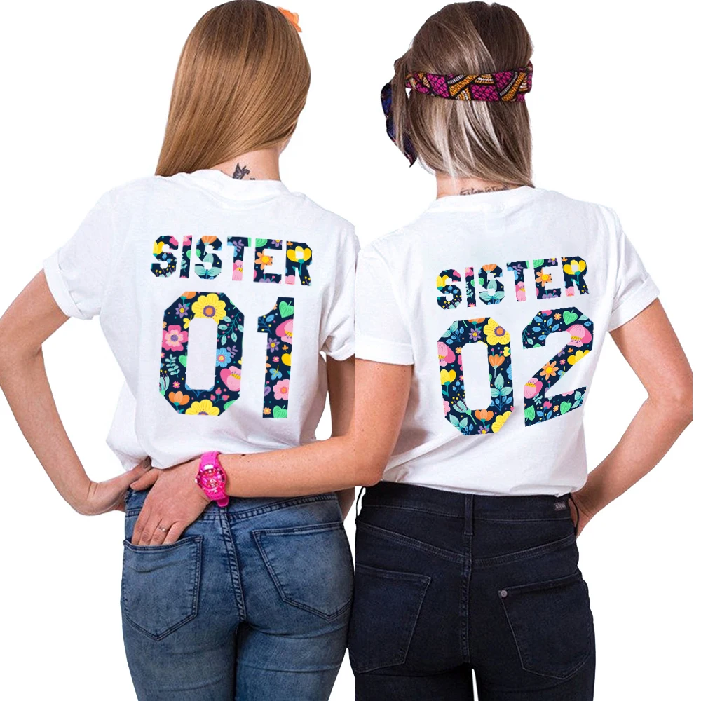 Sister 01 02 BFF Letter Flower Print Tshirt Short Sleeve Tumblr Tee Women T-shirts Best Friends T-shirt Femme Summer Top | Женская
