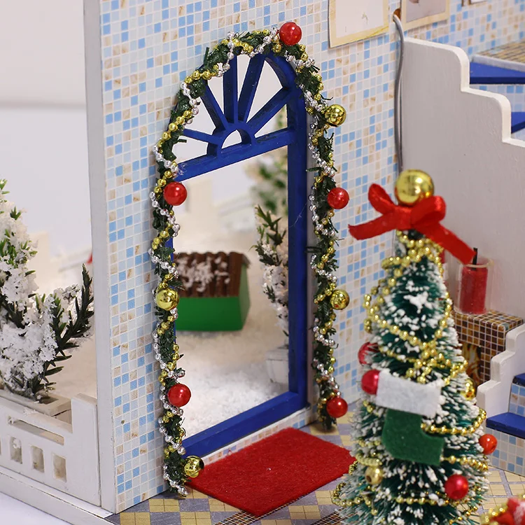 DIY деревянный кукольный дом синий Рождество собрать 3D миниатюры кукольный домик модель мини дома мебель игрушечные лошадки для подарки детей