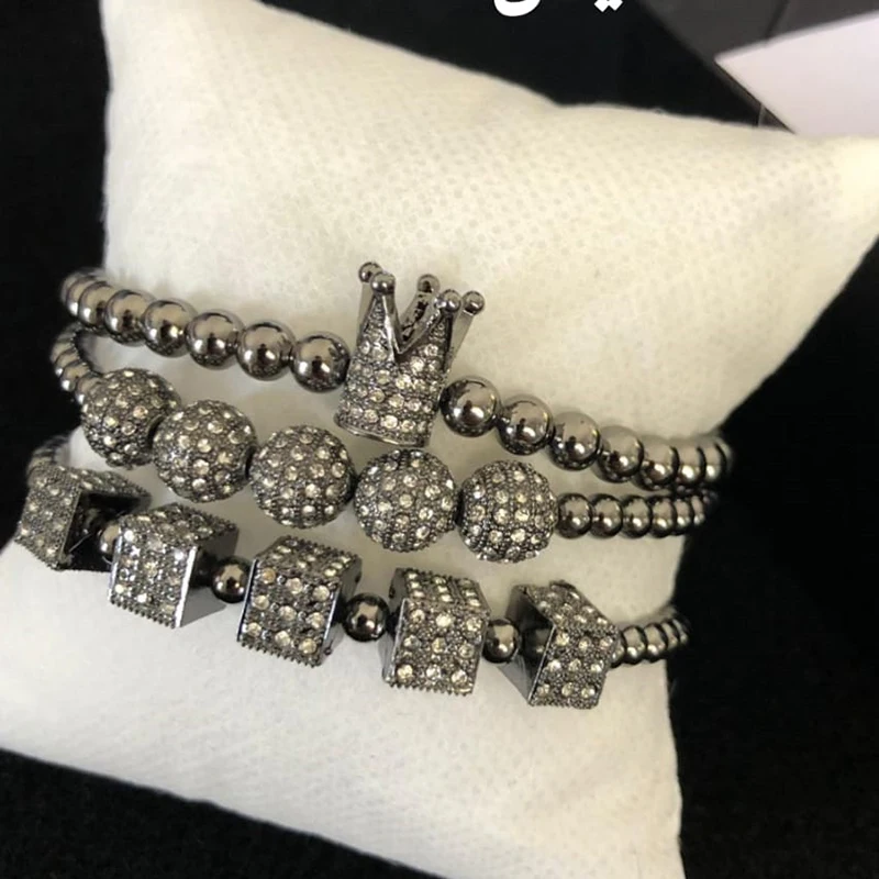 3 шт./компл. роскошные кубические кости корона Набор браслетов 5 мм медные бусины