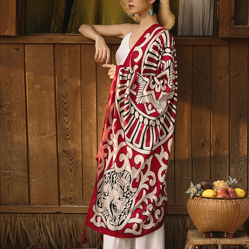 OMIKRON Новый женский летний богемный этнический красный принт кисточки шаль шарф