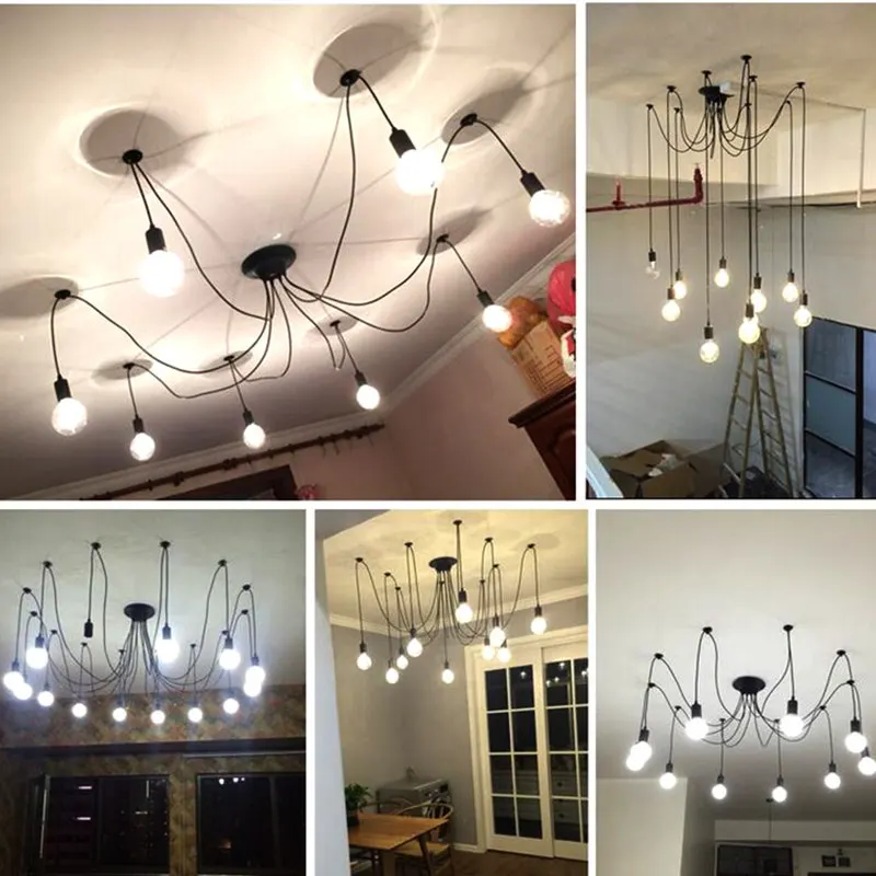 

wongshi Vintage Black 6/8/10/14Heads Spider Pendant Lamp Adjustable DIY E27 Art Spider Pendant Lamp Home Lighting