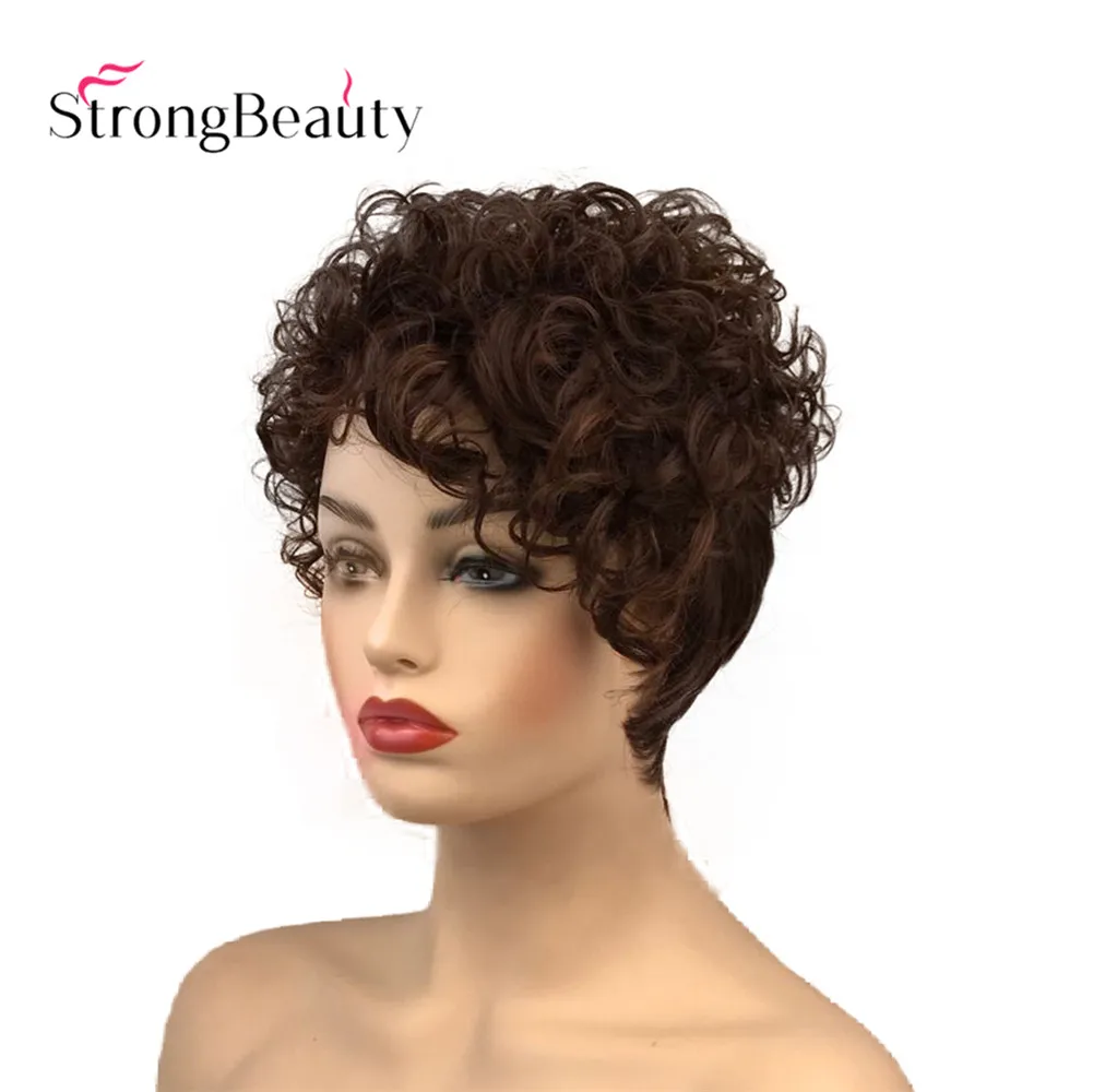 StrongBeauty Короткие вьющиеся женские парики Асимметричный сторона взрыва Синтетические волосы термостойкий парик