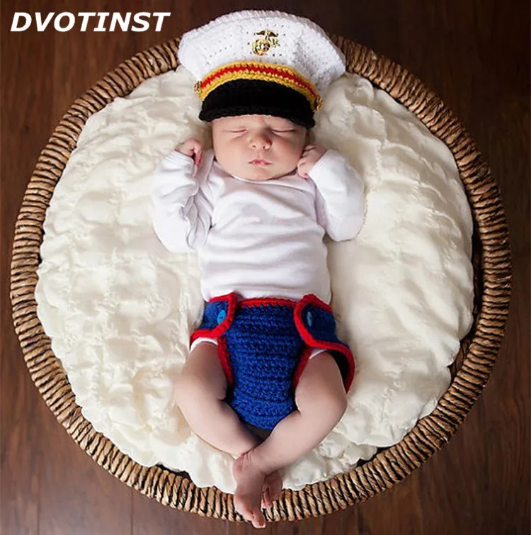 Dvotinst Newborn Baby Photography Props Crochet Knit Sailor Navy Captain Hat+Shorts Fotografia Accessories Infant Studio Shoot