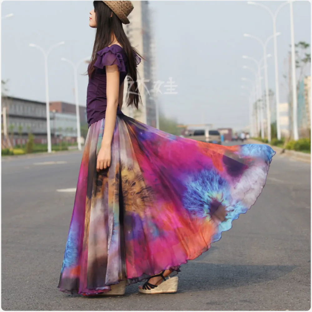 

Retro Chinese Printed Skirts Chiffon Maxi Long Women 50S 2018 Summer Female Sashes Beach Skirt Elegant New Arrival Boho Holidays