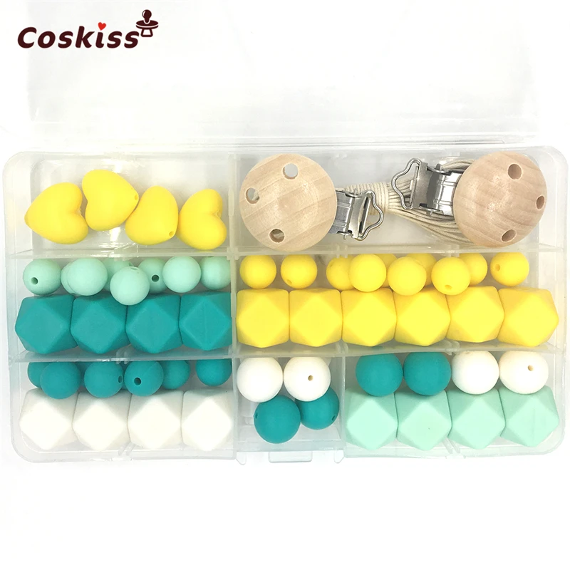

Baby Teether Toys Silicone Teething Kit Geometric Hexagon Silicone Wooden Pacifier Clip Teething Beads DIY Nursing Necklace