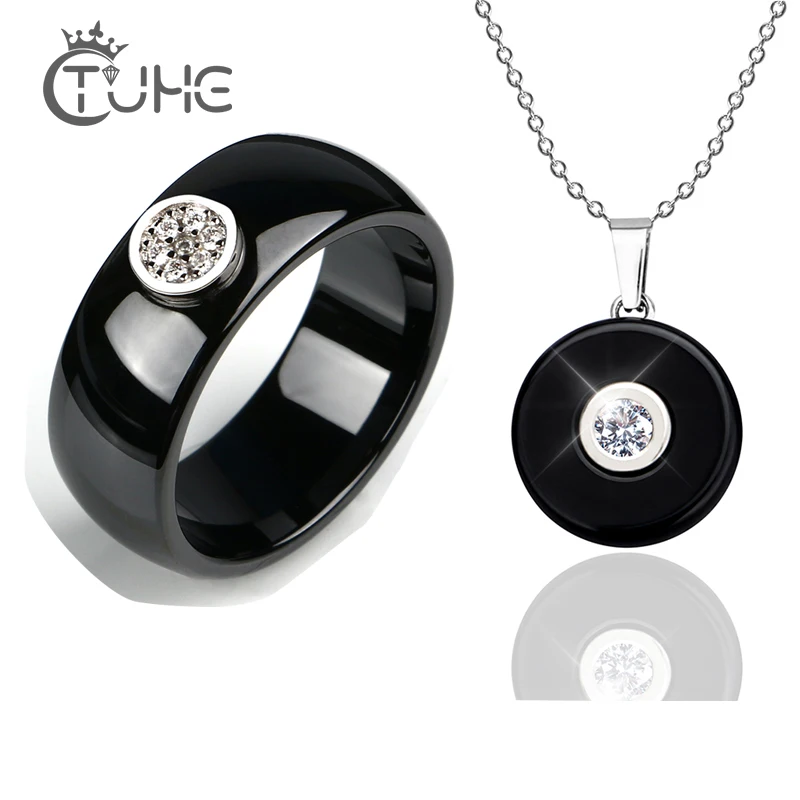 

Simple Style Round Shaped Crystal Jewelry Set Healthy Smooth Ceramic 8MM Rings And Pendant Necklace For Women Fashion Jewelry
