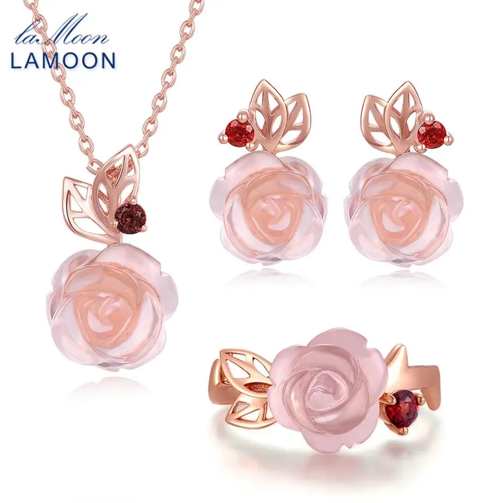 

LAMOON S925 Sterling Silver Jewelry Natural Rose Flower Rose Quartz Pink Gemstone Sets For Women Fine Jewelry Bijouterie V033-1