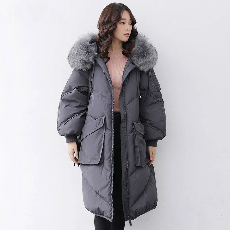 

Natural raccoon fur collar hooded down coat outerwear women big pockets loose fit down jacket 2019 autumn winter