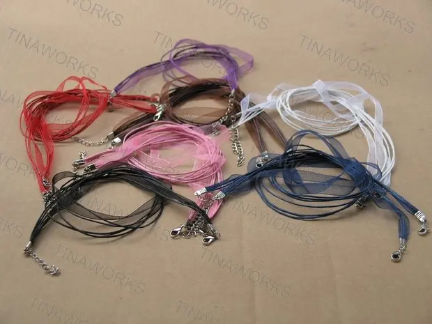 

FREE SHIPPING 100pcs Mix-Color Organza Voile Ribbon Cords Clasp Lobster Necklace Cord Jewelry Findings 18''