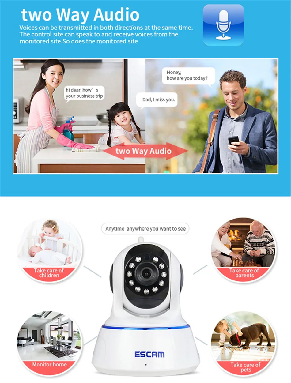 ESCAM QF002 IP камера wifi 720P P2P ночное видение ИК двухстороннее аудио слот карты Micro SD для домашней компании безопасности