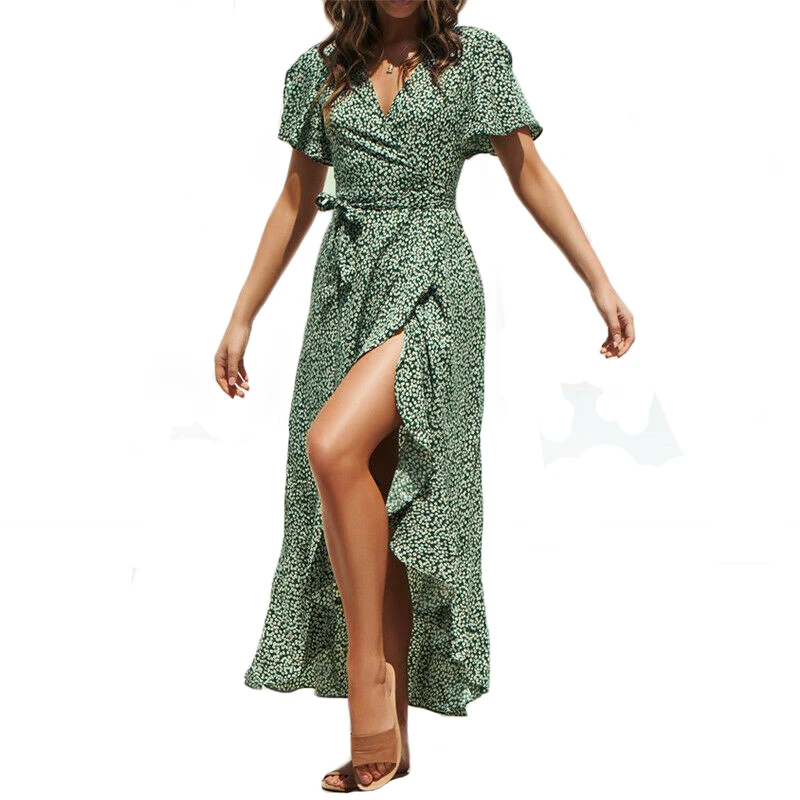 

Women Boho Polka Dot Ruffles Bandage Summer Wrap Dresses Fashion Short sleeve Deep V sexy Holiday Beach long sundress female
