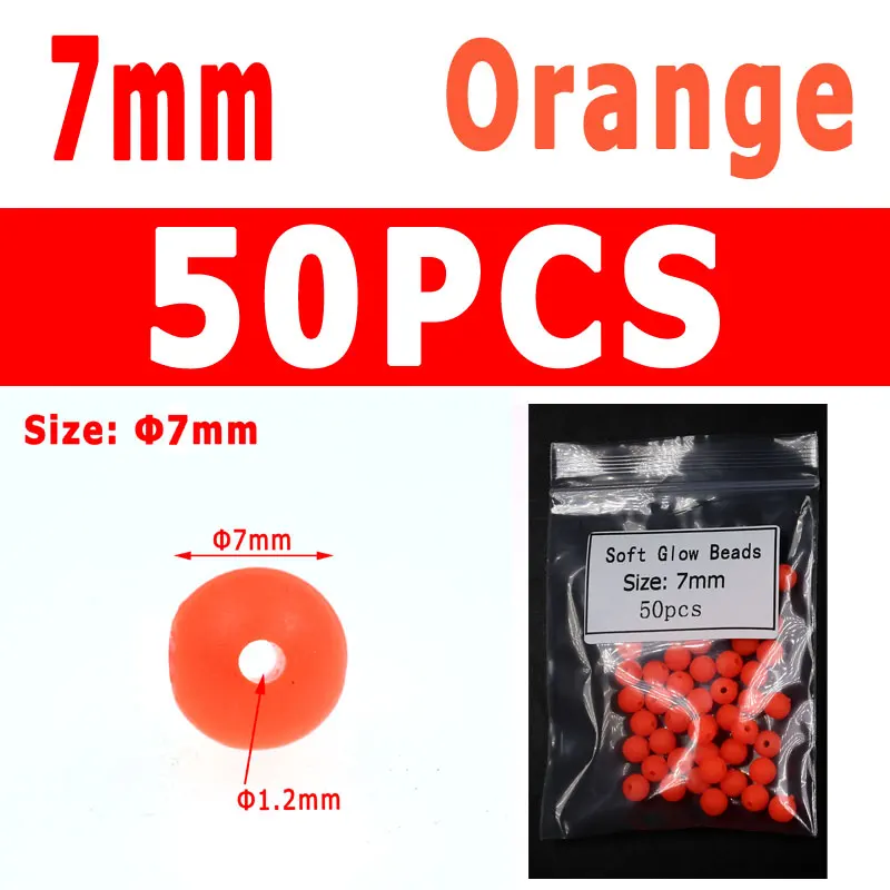 50pcs Orange 7mm 1 упаковка разных размеров круглые/овальные мягкие светящиеся бусинки морские рыболовные приманки Плавающий поплавок снасти Пластиковые светящиеся бусины для изготовления Сабики - Цвет: 50pcs Orange 7mm