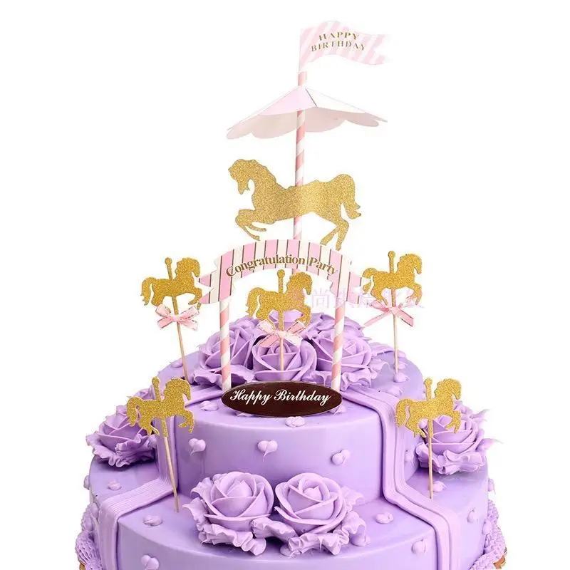 

1pcs Carousel Cupcake Cake Topper Cute Horse Cake Flag Baby Shower Kids Children Happy Birthday Party Baking Decoration Supplies