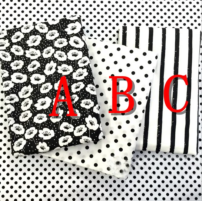 Хлопчатобумажная ткань в черную горошек с полосками 100% твил для лоскутного шитья