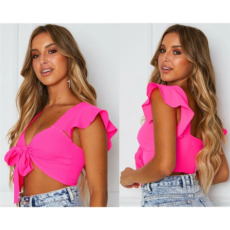 Пикантные Для женщин рубашка сплошной бабочка на шею Front Crop Top рюшами пляжная