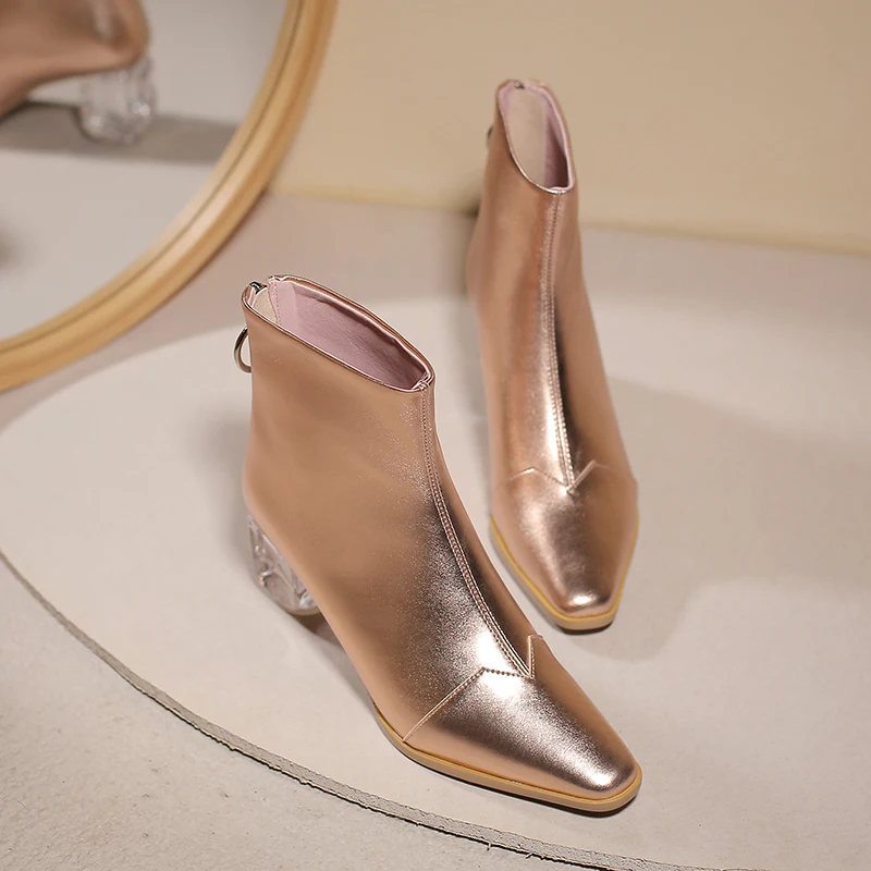 WETKISS Cow Leather Ankle Boots Women Crystal Heels High Booties Pointed Toe Shoes Female Zip Party Shoes Ladies Autumn New