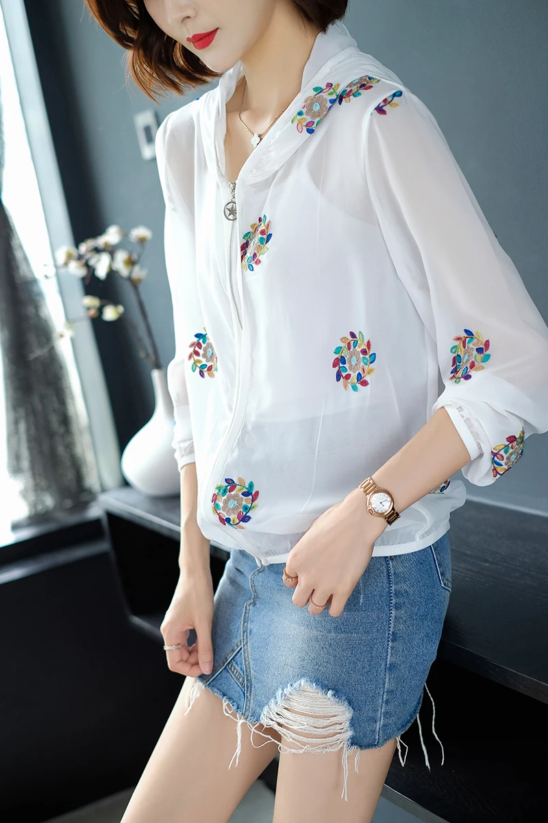 Кардиган женский летний на молнии с вышивкой и капюшоном | Женская одежда