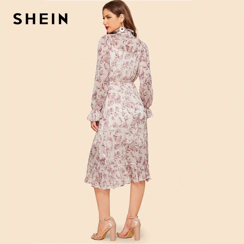 SHEIN Платье С Графическим Принтом И Оборкой Женское Весеннее Многоцветное Элегантное Платье С Длинными Рукавами