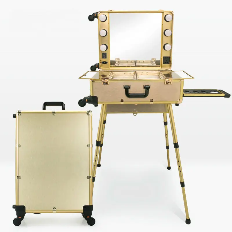 Профессиональный большой чехол для макияжа на колесиках с подсветкой и зеркалом