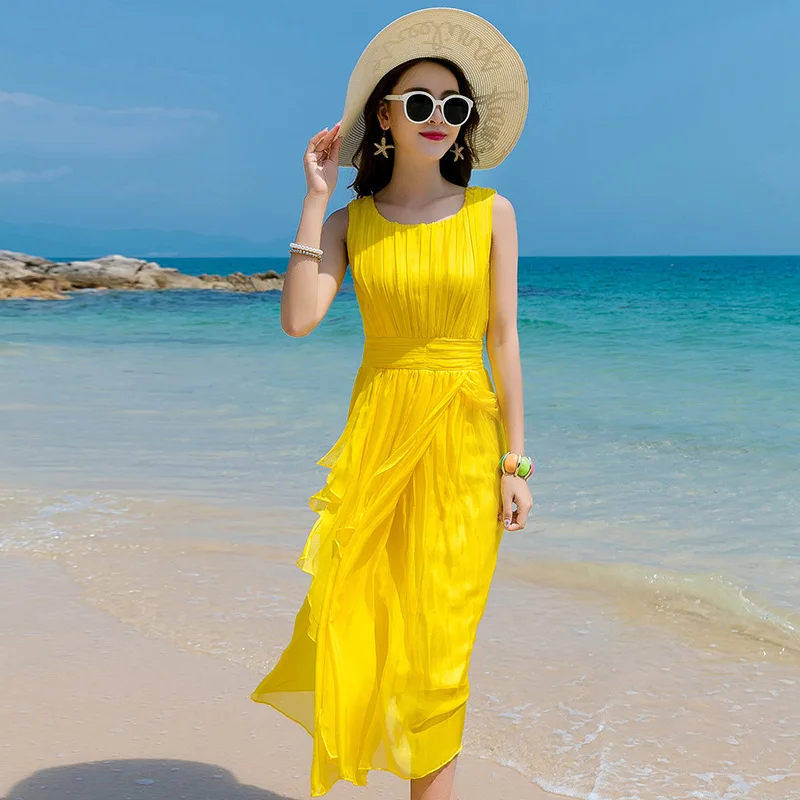 yellow Tcyeek, летнее пляжное платье, женские длинные вечерние платья, желтые, без рукавов, шелковые, элегантные платья, макси платья, повседневные, LWL1530 - Цвет: yellow
