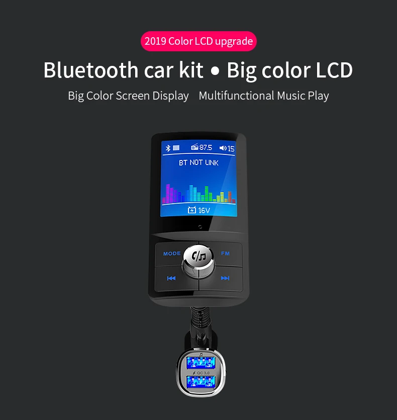 Цветной экран, fm-передатчик, Автомобильный MP3 беспроводной Bluetooth громкая связь, автомобильный комплект, аудио AUX модулятор с QC3.0, двойной USB, автомобильное зарядное устройство