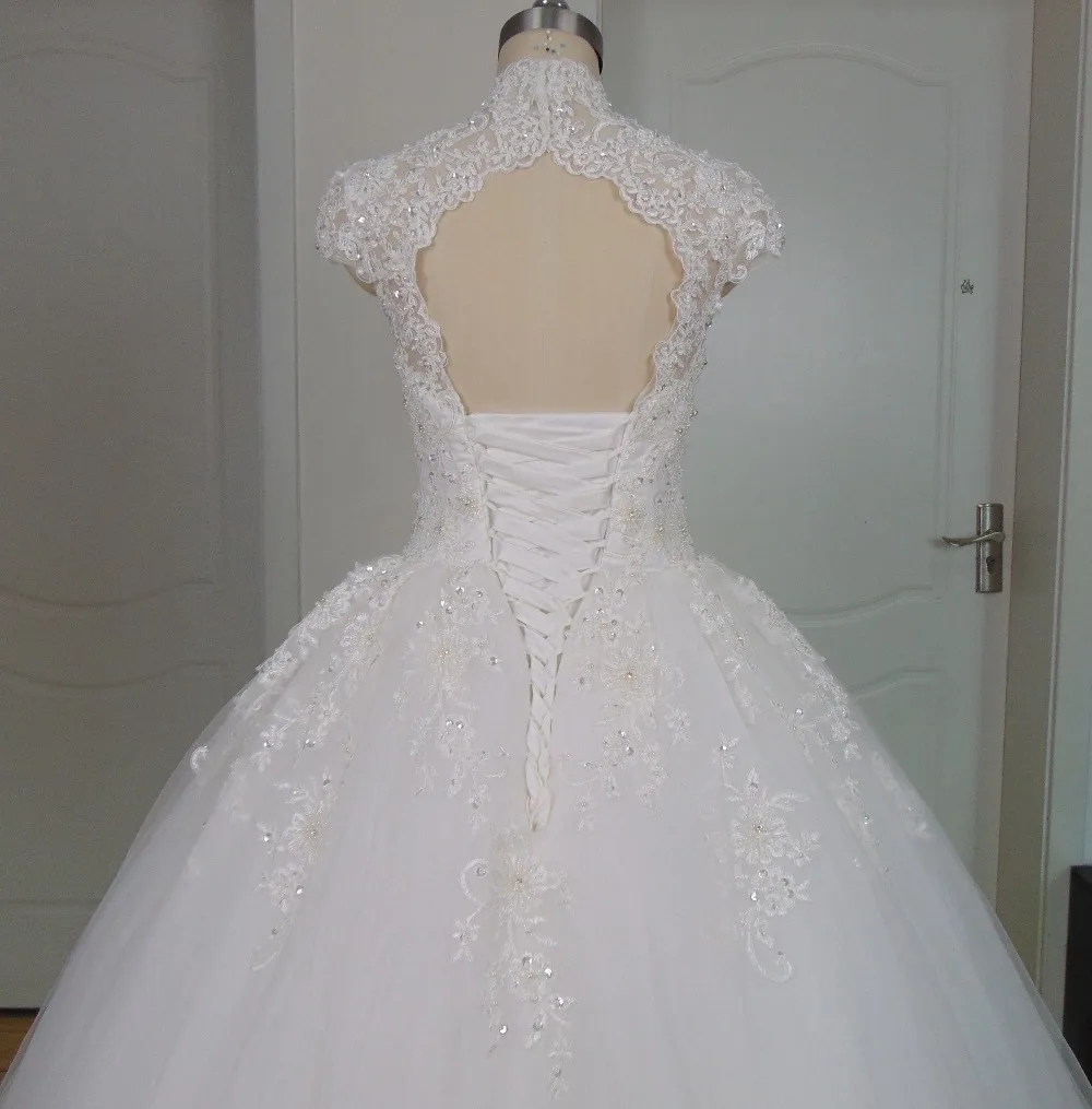 Реальные Vestido де Noiva Высокая Шея Бальное платье Свадебное Платье Из Бисера Люкс