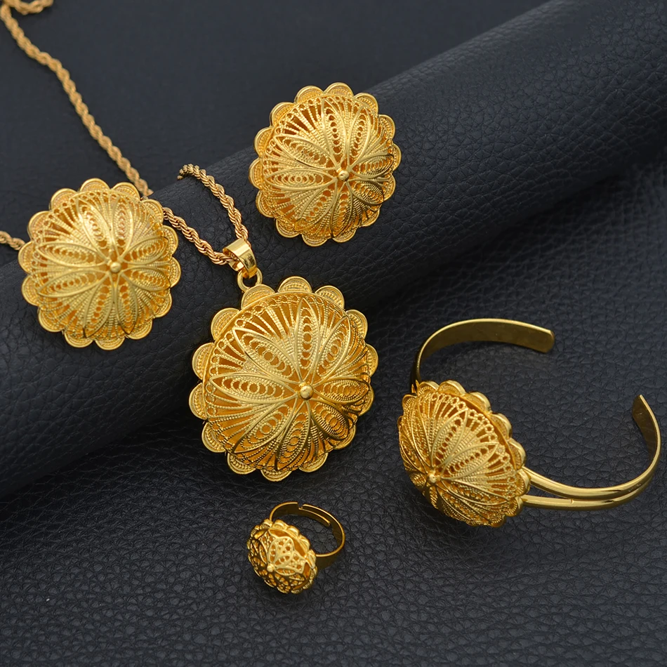 

Anniyo Ethiopian Jewelry sets Pendant Necklaces Earrings Ring Bangles for Womens Gold Color Eritrean African Bride Gifts #207506