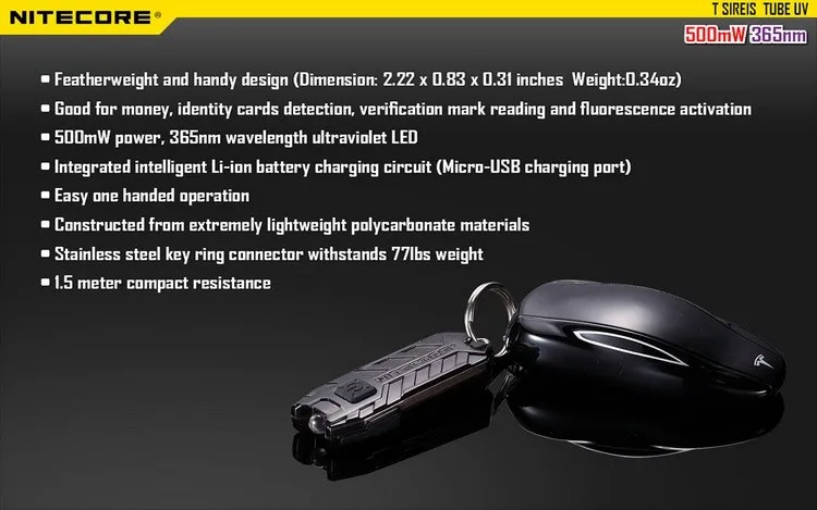 NITECORE TubeUV встроенный аккумулятор USB Перезаряжаемый 365nw Ультрафиолетовый брелок с УФ-фонариком огни для культивирования перекосов