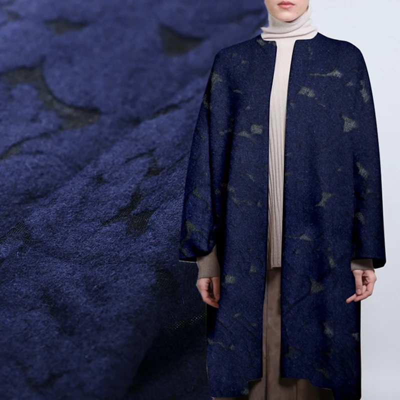 Темно синяя высококлассная импортная полая жаккардовая шерстяная ткань для