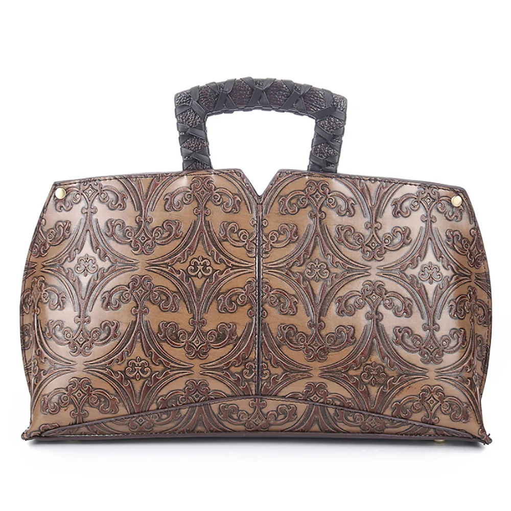 Женская сумка из натуральной тисненой кожи винтажная Сумка-тоут воловьей