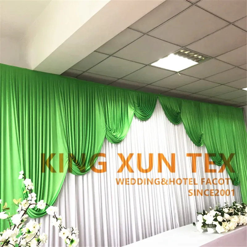 

White Ice Silk Wedding Backdrop Curtain With Green Drape Valance Stage Backdrops Background For Party Event Decoration