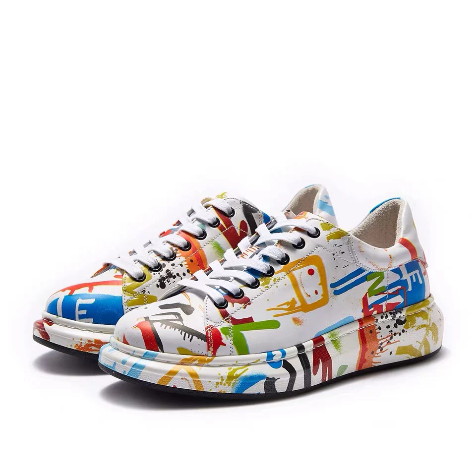 Delivr Casual Mens Shoes Genuine Leather Sneakers 2019 Graffiti Painted Outdoor Low Top Designer Men Luxury Brand | Обувь