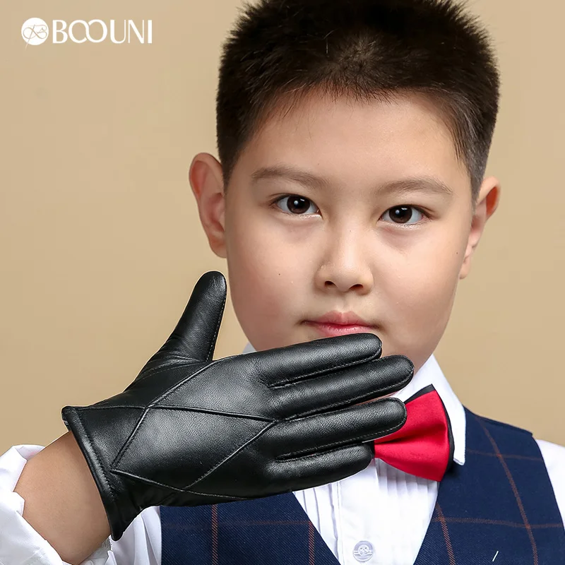 BOOUNI Genuine Leather Children Gloves Five Fingers Autumn Winter Warm Velvet Lined Kids Boys Sheepskin Gloves NM964