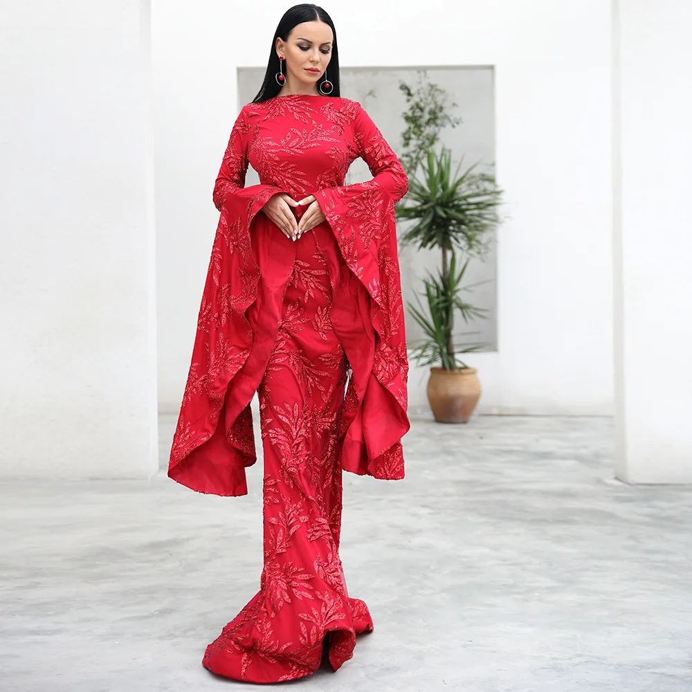 

Vintage fashion prom dresses long sleeves trumpet high neck red floor length sequin women formal party dress vestidos de fiesta