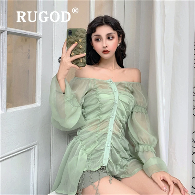 RUGOD, офисный женский светильник, зеленая шифоновая блузка, сексуальная, с открытыми плечами, милая, с длинным рукавом, рубашки, модные, однобортные, irnora, топы